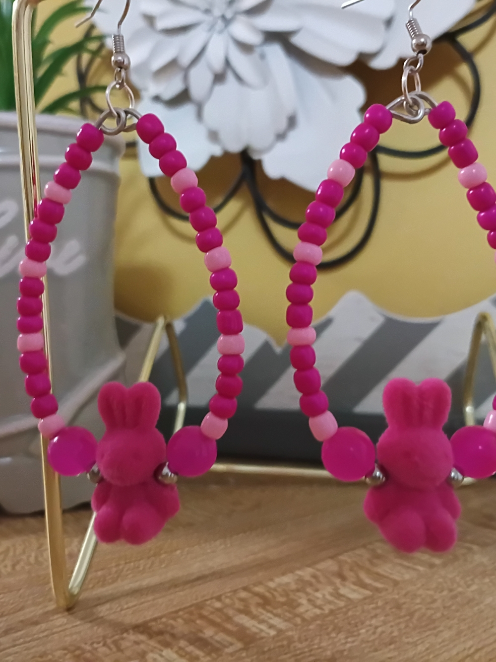 Handmade Pink Bunny Beaded Hoop Earrings